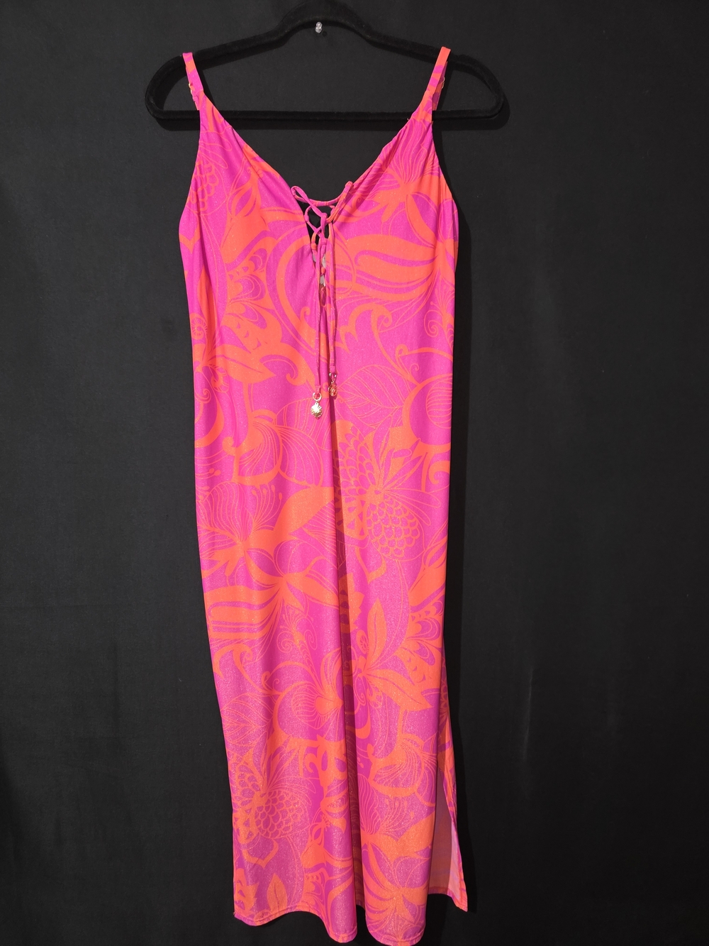 Women's Pink & Orange Midi Slip Dress with Lace-Up V-Neck